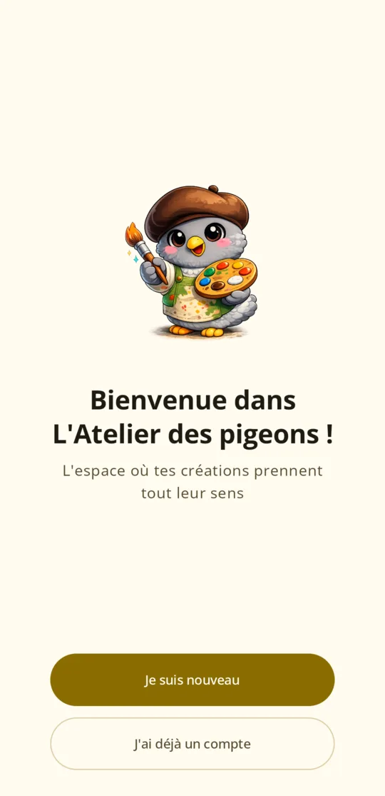 Écran d'accueil de l'application L'Atelier des pigeons